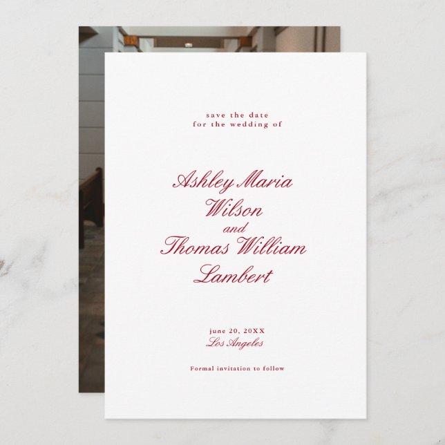 Modern Calligraphy Red Bröllop spara datum Inbjudningar (Fram/baksida)