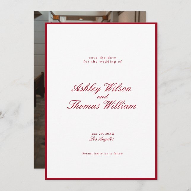 Modern Calligraphy Red Bröllop spara datum Inbjudningar (Fram/baksida)