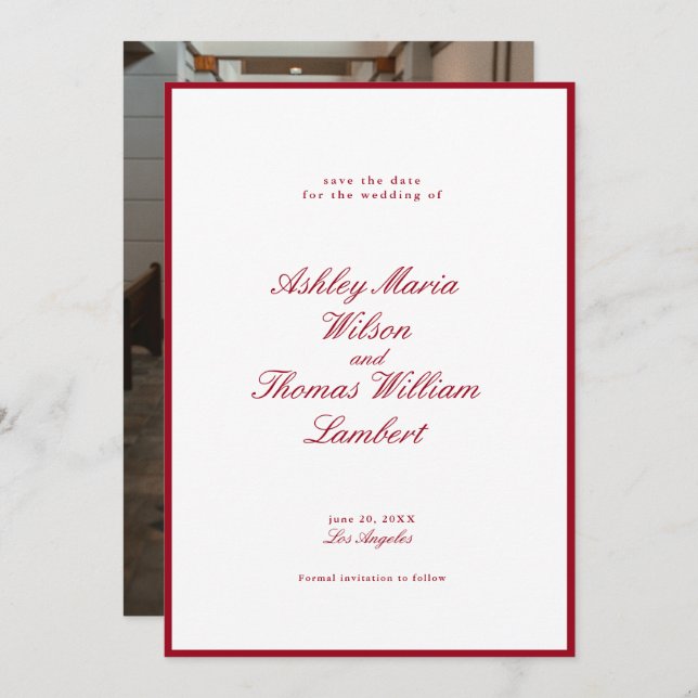 Modern Calligraphy Red Bröllop spara datum Inbjudningar (Fram/baksida)