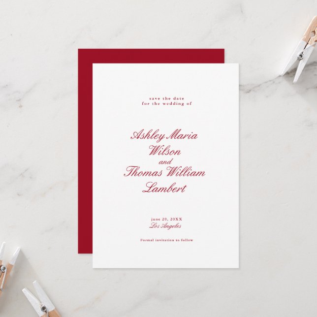 Modern Calligraphy Red Bröllop spara datum Inbjudningar (Fram/Back In Situ)
