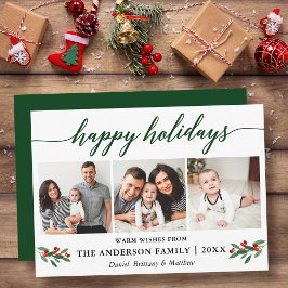 Modern Calligraphy Red Holly 3 Photo Grönt Julkort