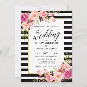 Modern Calligraphy Rosa Blommigt Stripe Bröllop Inbjudningar