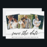 Modern Calligraphy Script 3 Photo Collage Spara Datumet<br><div class="desc">Modern Elegant Calligraphy Script 3 Photo Collage Save Date Bröllop Förlovning Announcement Card</div>