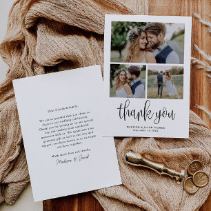 Modern Calligraphy Script Bröllop Three Photo Tack Kort