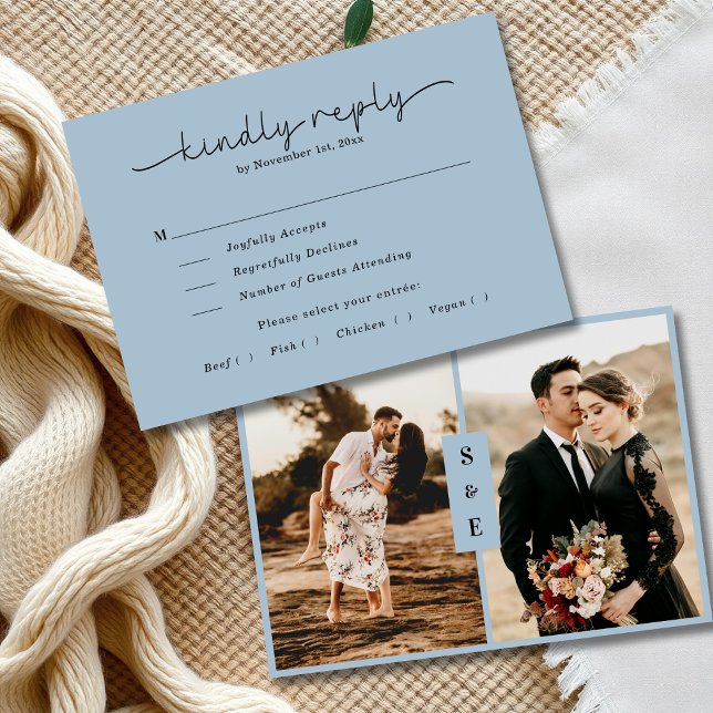 Modern Calligraphy Script Dusty Blue Photo Bröllop OSA Kort (Skapare uppladdad)