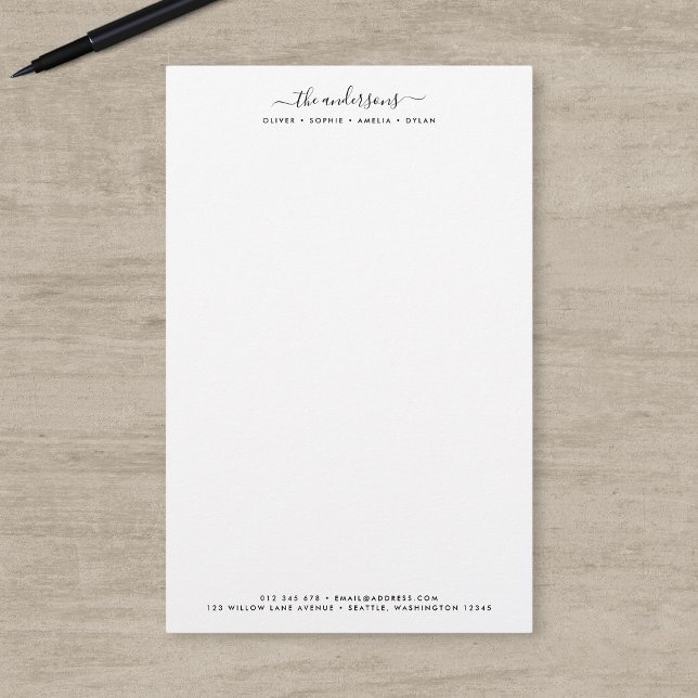 Modern Calligraphy Script Personlig Family Namn Brevpapper (Skapare uppladdad)