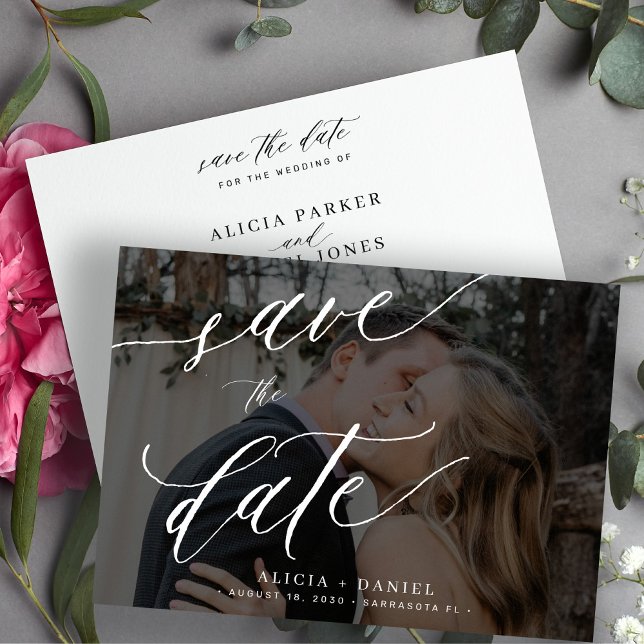 Modern calligraphy-skriptfoto bröllop spara datumet (Skapare uppladdad)