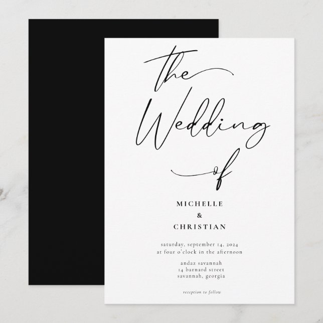 Modern Calligraphy Solid Black Bröllop Inbjudningar (Fram/baksida)