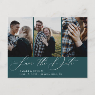Modern calligraphy Teal Multi-Photo Save the Date Meddelande Vykort