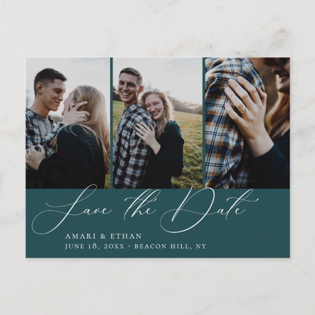 Modern calligraphy Teal Multi-Photo Save the Date Meddelande Vykort (Framsida)