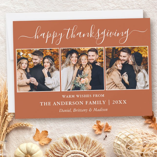 Modern Calligraphy Terracotta 3 Photo Thanksgiving Julkort (Customize to add text to back of card or to change color of text or color of back of card.)