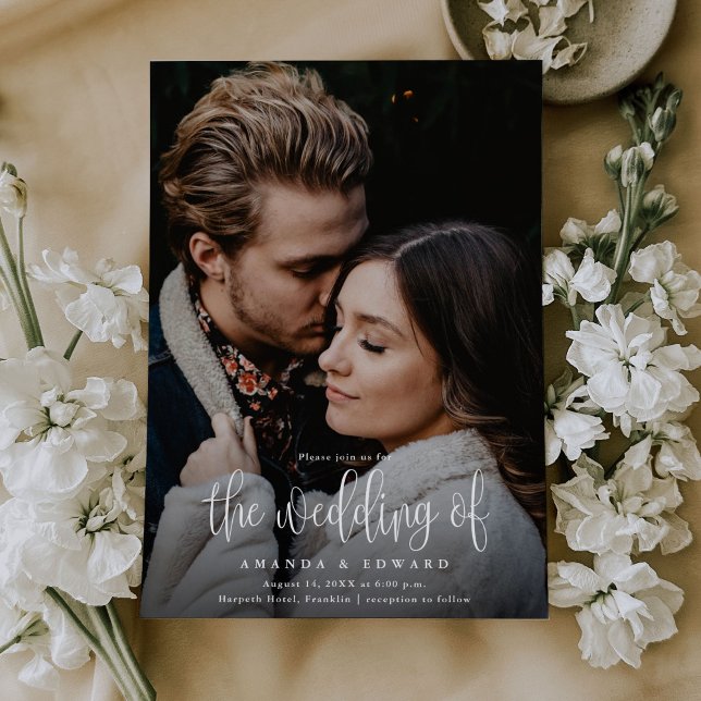 Modern Calligraphy Two Photo QR Code Bröllop Inbjudningar (Skapare uppladdad)