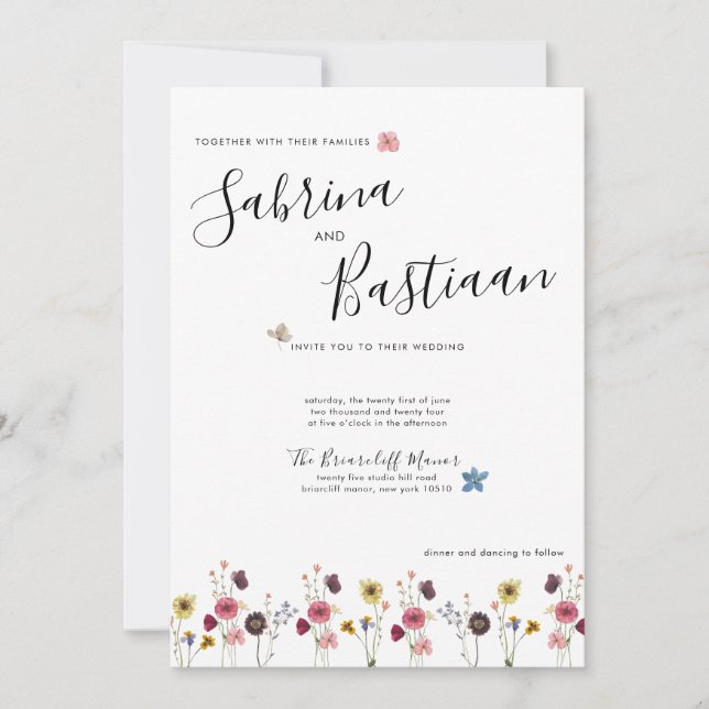 Modern Calligraphy Watercolor Wildblommor Bröllop Inbjudningar (Framsida)