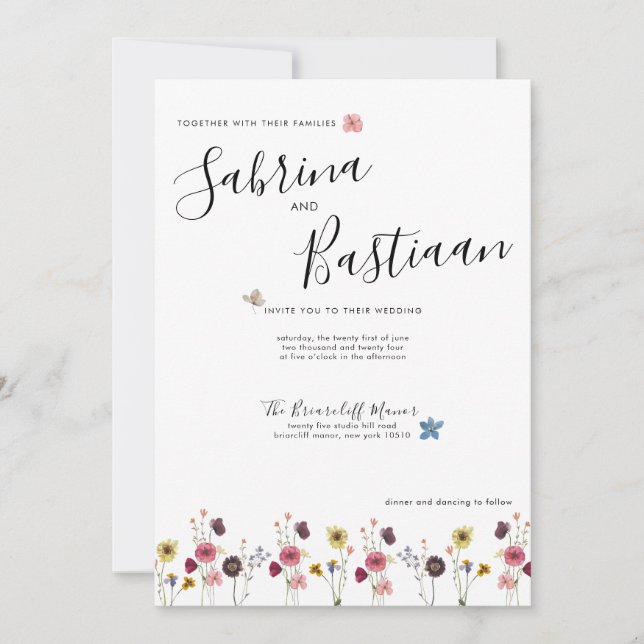 Modern Calligraphy Watercolor Wildblommor Bröllop Inbjudningar (Framsida)
