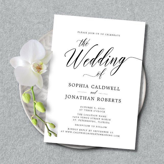 Modern Calligraphy-webbplats OSA Bröllop Inbjudningar (Wedding Invitation-Website RSVP-Calligraphy Elegance-Black and White)