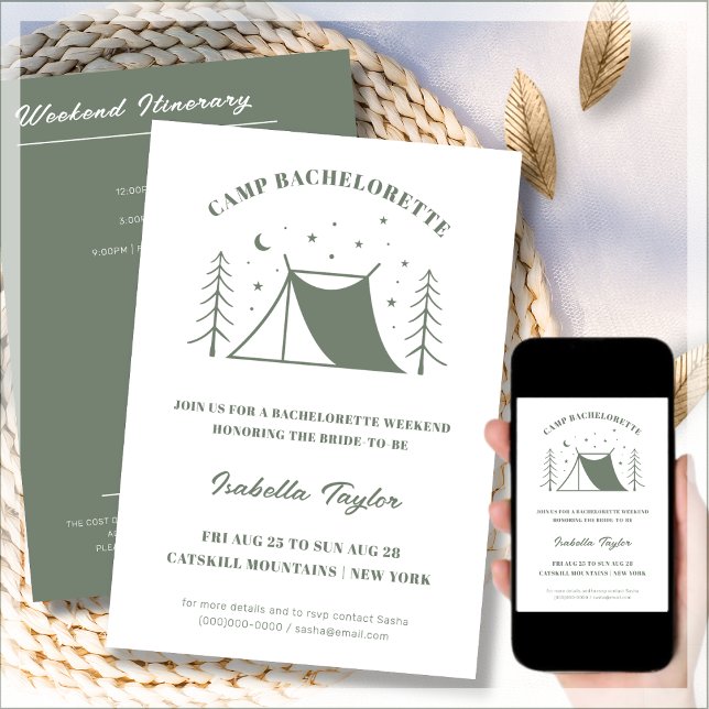 Modern Camping Bachelorette Itinerary Helg Inbjudningar (Skapare uppladdad)
