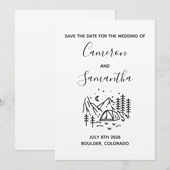 Modern campingbröllopsdestination save the date spara datumet (Fram/baksida)