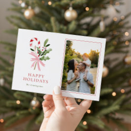 Modern Candy Cane Holly & Bow Photo Holiday Card Julkort
