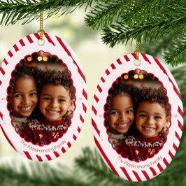 Modern Candy Cane Stripe Christmas 2 Sided Photo Julgransprydnad Keramik