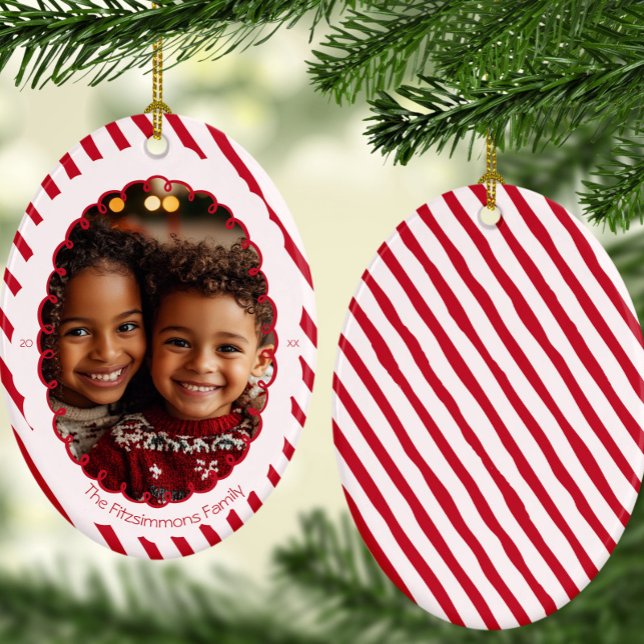 Modern Candy Cane Stripe Christmas Photo  Julgransprydnad Keramik (Retro Candy Cane Whimsical Striped Christmas 1 photo ornament)