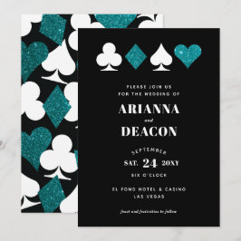 Modern Casino Teal Glitter Bröllop Inbjudningar