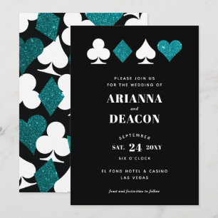 Modern Casino Teal Glitter Bröllop Inbjudningar