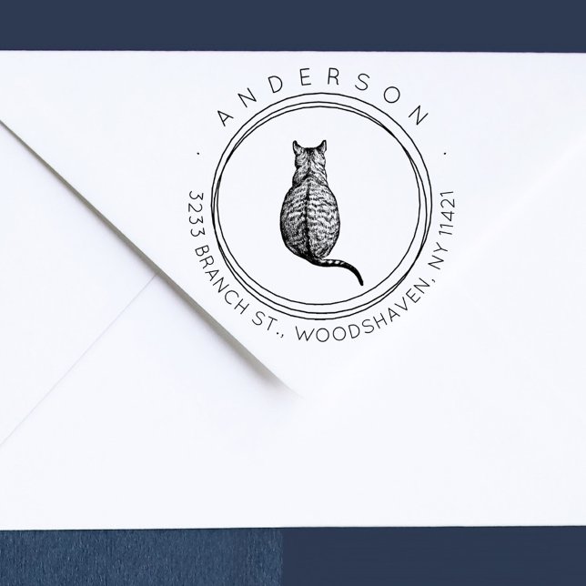 Modern Cat Rustic-Returadress Stämpel (Modern Cat Rustic Return Address Rubber Stamp. Perfect for cat lovers!)