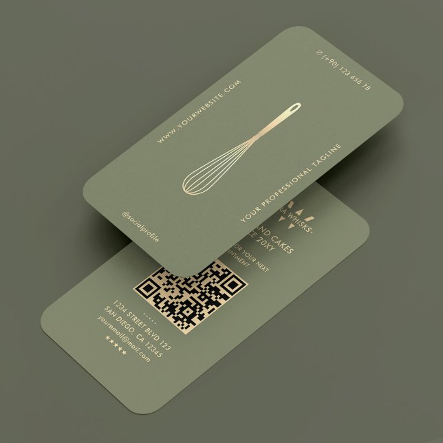 Modern Caterer Baker Grönt Sage Guld Whisk Visitkort (Modern Caterer Baker Green Sage Gold Whisk Business Card
)