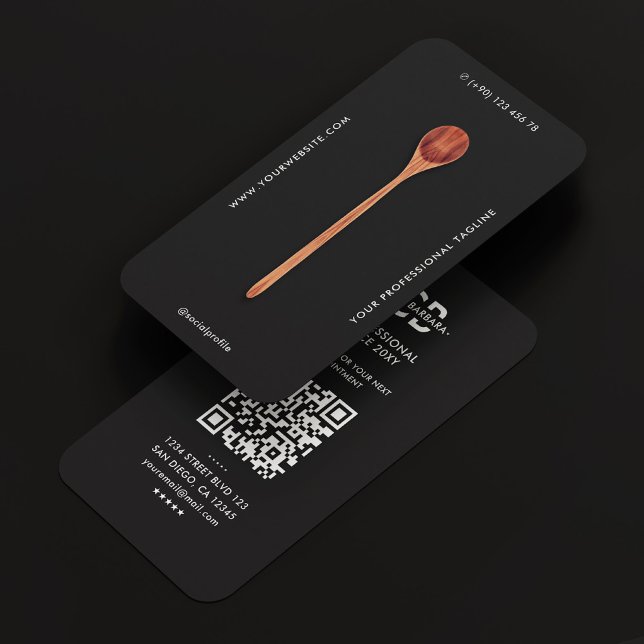 Modern Catering-kock Elegant Träsked Svart Visitkort (Modern Caterer Chef Elegant Wooden Spoon Black Business Card
)