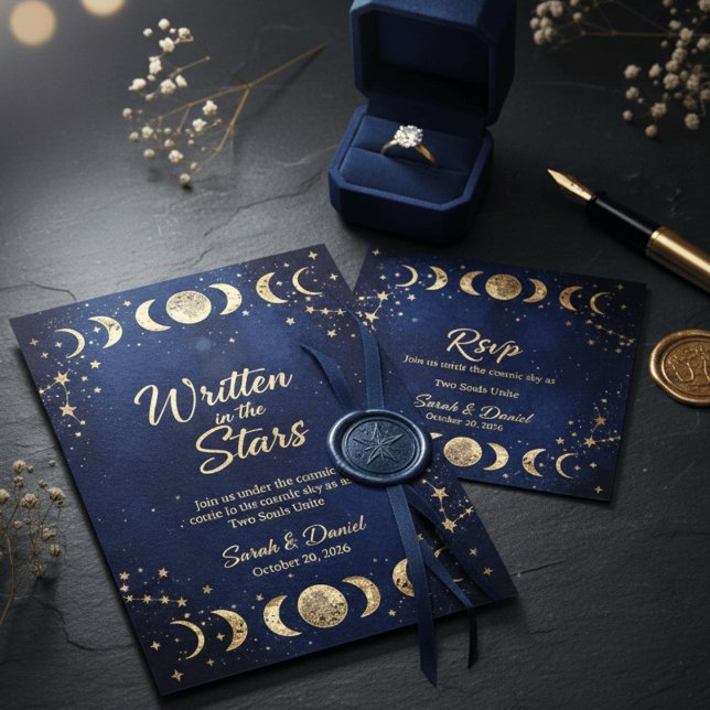 Modern Celestial Navy and Gold Moon Stars Wedding  Inbjudningar (Skapare uppladdad)