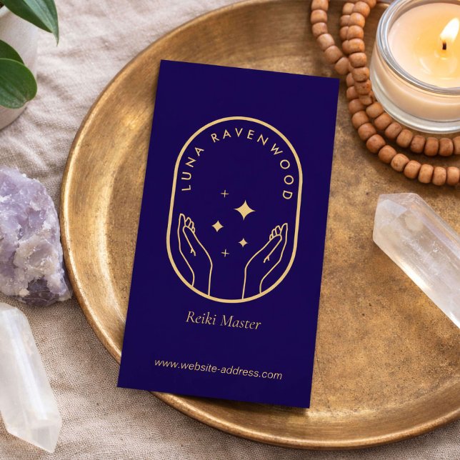 Modern Celestial Reiki Master Healing Hands Blue Visitkort (Skapare uppladdad)