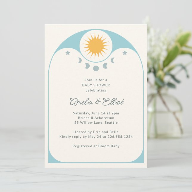 Modern Celestial Star Moon Soft Blue Baby Shower   Inbjudningar (Stående Fram)