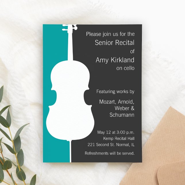 Modern Cello-inbjudan - blå Inbjudningar (Custom senior recital invitations for cello players.)