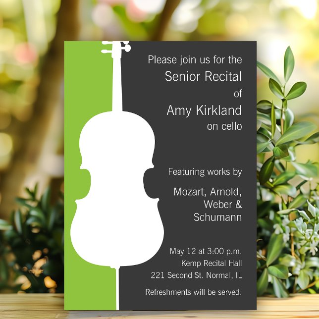 Modern Cello-inbjudan - Grönt och Grått Inbjudningar (Cello themed recital invitation template.)