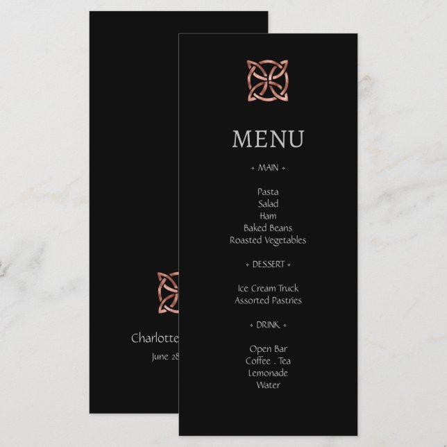 Modern Celtic Knot Ro Guld Bröllop Menu Meny (Fram/baksida)