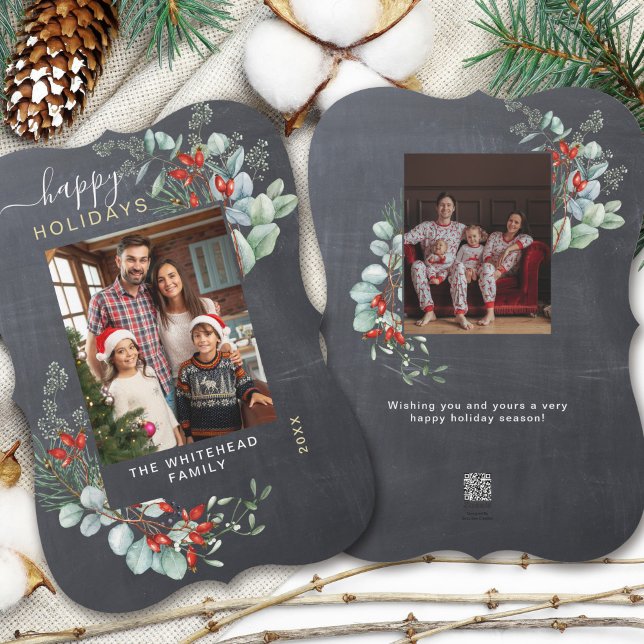 Modern Chalkboard Botanisk Jul Foto Julkort (You will love these beautiful Christmas cards! They feature botanical watercolor pine and berries.)