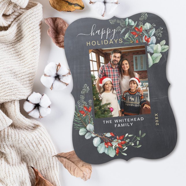 Modern Chalkboard Grönska Botanisk Jul Julkort (You will love these beautiful Christmas cards! They feature botanical watercolor pine and berries.)