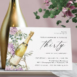 Modern Champagne | Cute Roligt Kvinnors 30års föde Inbjudningar<br><div class="desc">Söt 30års födelsedag inbjudningar med en vattenfärgad illustration av en champagne flaska omgiven av lila blommor. Stor "30" text skrivs i skript,  för en inbjudan roligt-but-elegant med en samordnande blek grönt färg på motsatt sida. (färg i bakgrunden kan ändras om så önskas med hjälp av verktyg).</div>