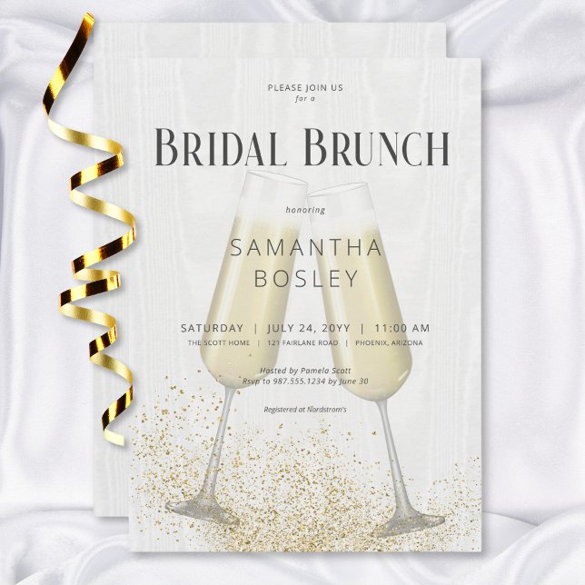 Modern champagne Glass & Glitter Möhippa Brunch Inbjudningar (Modern Champagne Glasses & Glitter Bridal Brunch Invitation)