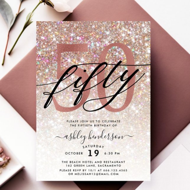 Modern Champagne Glitter 50:e födelsedagen Inbjudningar (Skapare uppladdad)