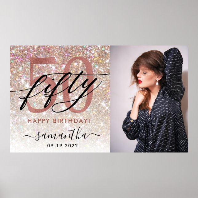 Modern Champagne Glitter 50:e födelsedagsfotopost Poster (Framsidan)