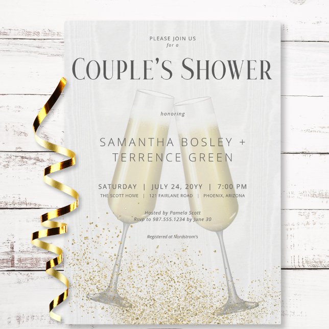 Modern champagneglasögon och Glitter par-skor Inbjudningar (Modern Champagne Glasses & Glitter Couple's Shower Invitation)