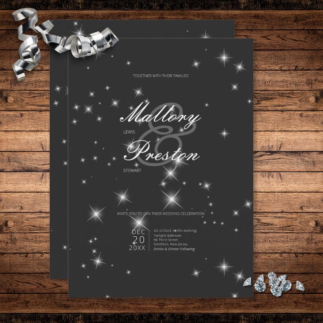 Modern Charcol Black Winter Gnistra Bröllop Inbjudningar (Modern Charcoal Black Winter Sparkle Wedding Invitation)