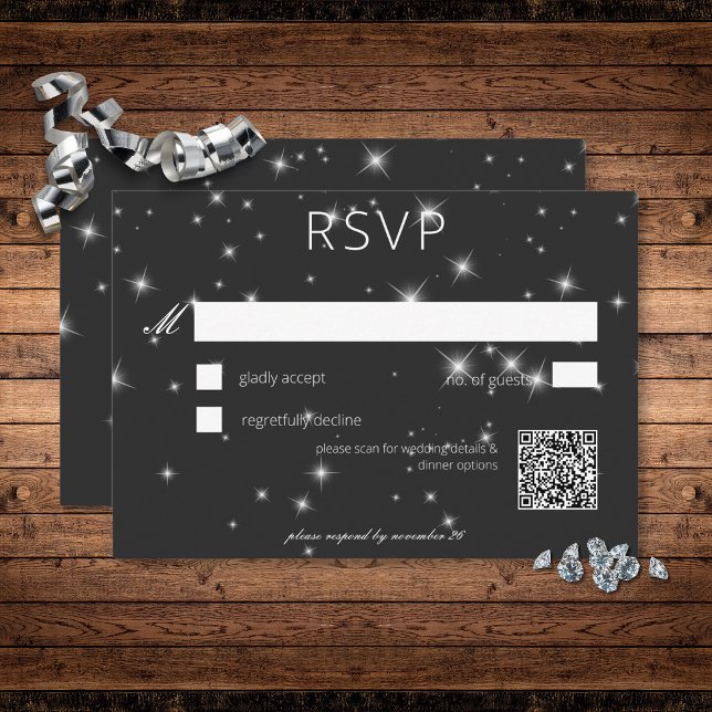 Modern Charcol Black Winter Gnistra Bröllop OSA Kort (Modern Charcoal Black Winter Sparkle Wedding RSVP Card)