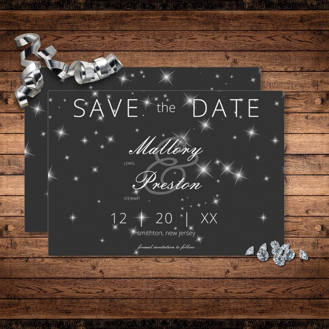 Modern Charcol Black Winter Gnistra Bröllop Spara Datumet (Modern Charcoal Black Winter Sparkle Save the Date Card)