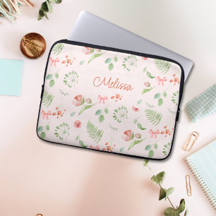 Modern Charming Rosa Grönt Blommigt med Namn Laptop Fodral