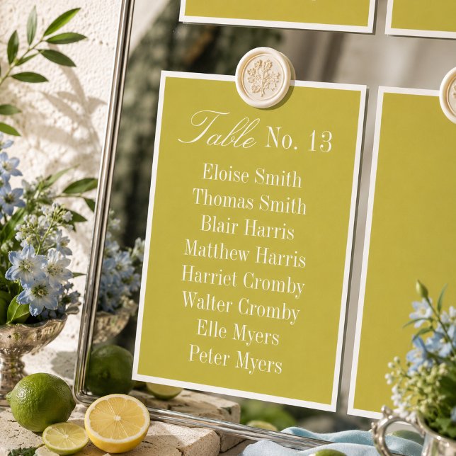 Modern Chartreuse Bröllopsplatskarta Bordsnummer (Modern Chartreuse Wedding Seating Chart Table Number)