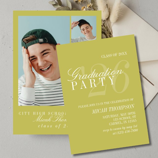 Modern Chartreuse Fotoexamenfirande Inbjudningar (Modern Chartreuse Photo Graduation Party Invitation)