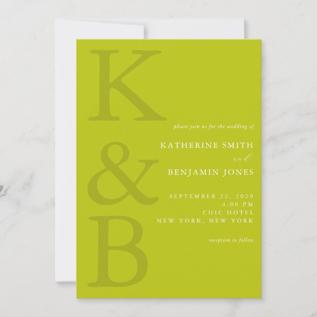 Modern Chartreuse Monogram Minimalistisk Bröllopsf Inbjudningar (Framsida)