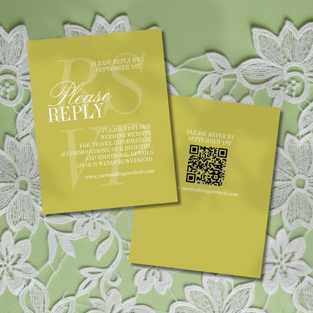 Modern Chartreuse Script QR Code Formal Wedding  OSA Kort (Invite guest to give their response for your big day with this Modern Script Citrus Green RSVP!)